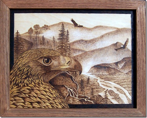 Danette Smith's "Eagle Territory" is one of many woodburned artworks in the 20th Century Pyrographers exhibit in Andrews, N.C.